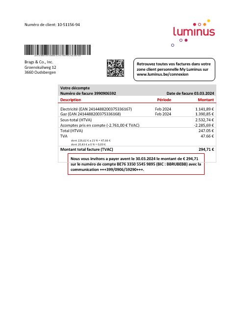 Belgium Luminus business utility bill template in Word and PDF format